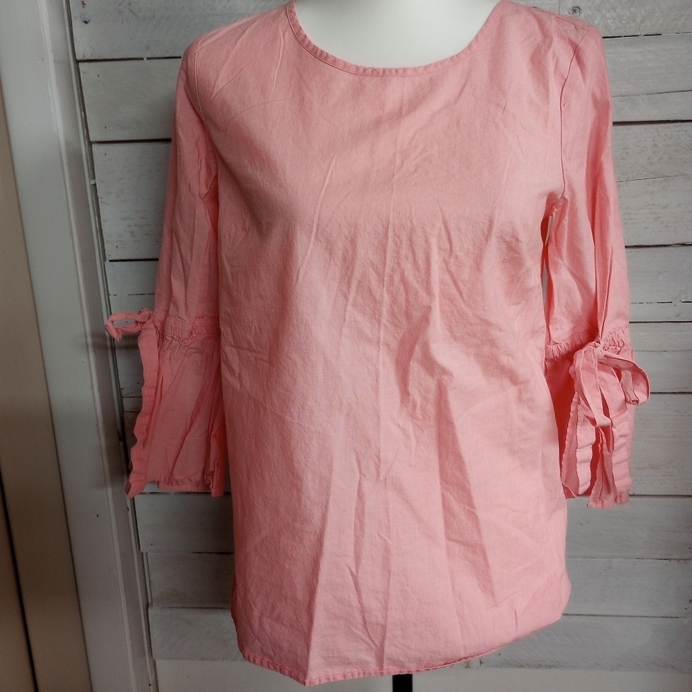 J. Crew Womens XS 3/4 Bow Tie Bell Sleeve Top Blouse Pink Cotton Keyhole Back.